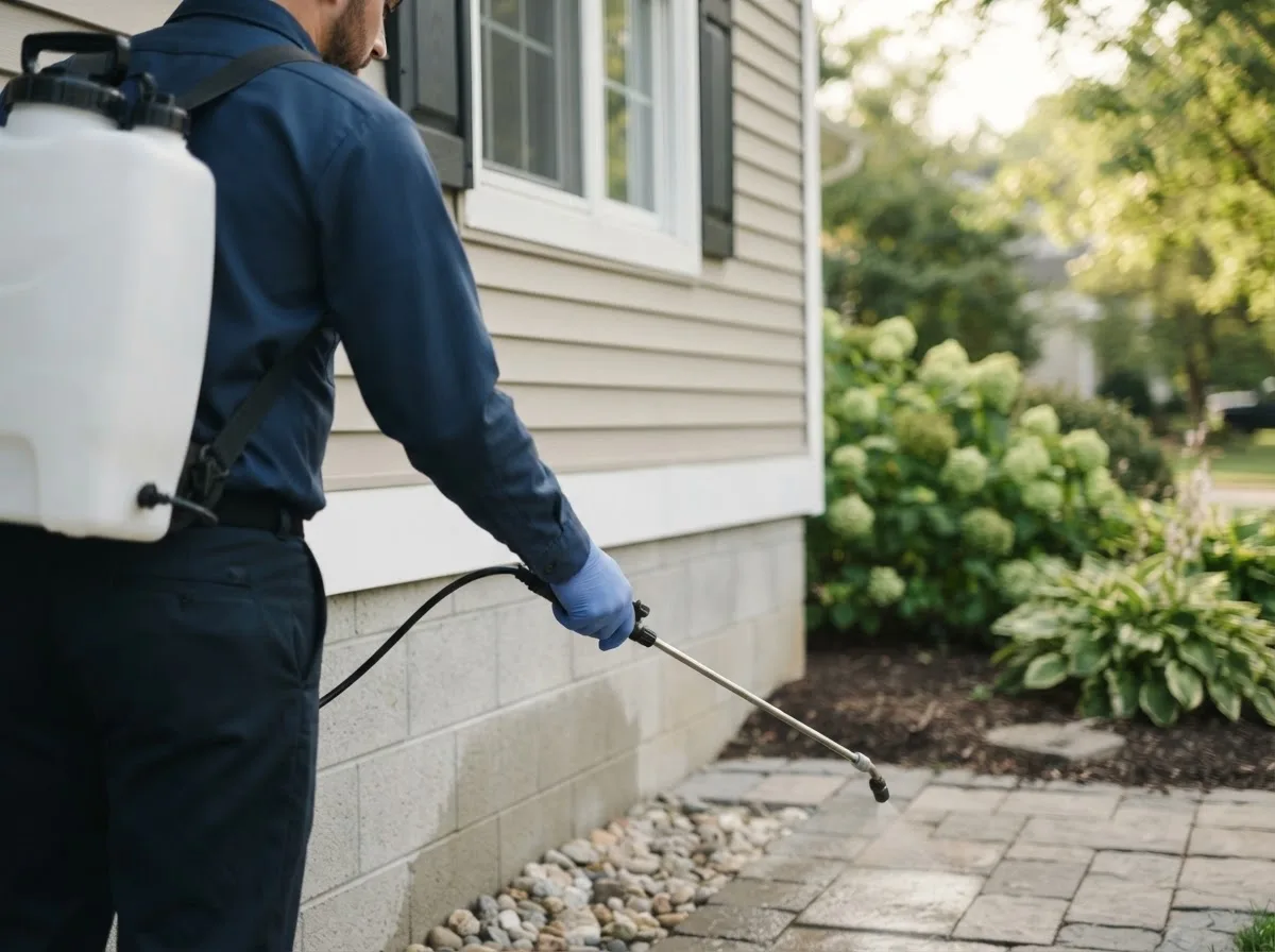 Pest control technician inspecting a home in Kimball, WV